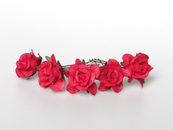 5 x red curly wild roses 3.5cm