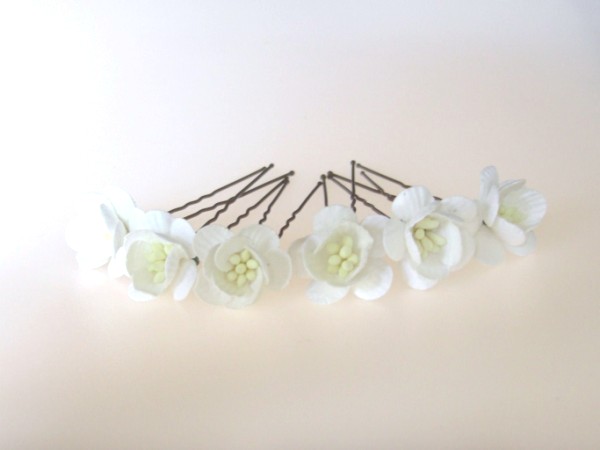 White cherry blossom hairpins