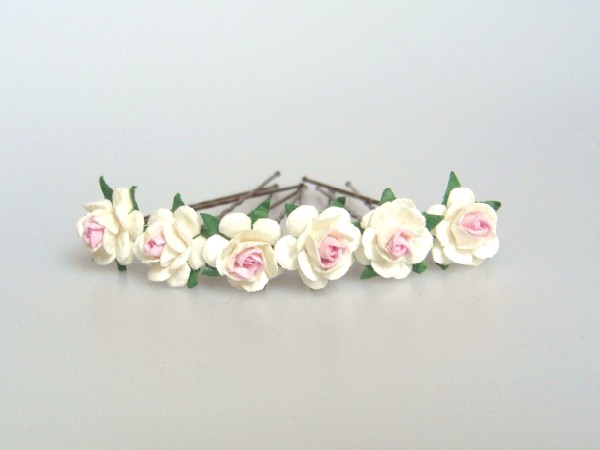 ivory white with pink center open roses 1.5cm x 6