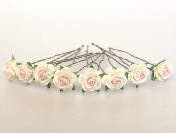 Ivory and pink mini roses on fine hairpins