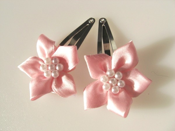 pink flower hair clips with faux pearls